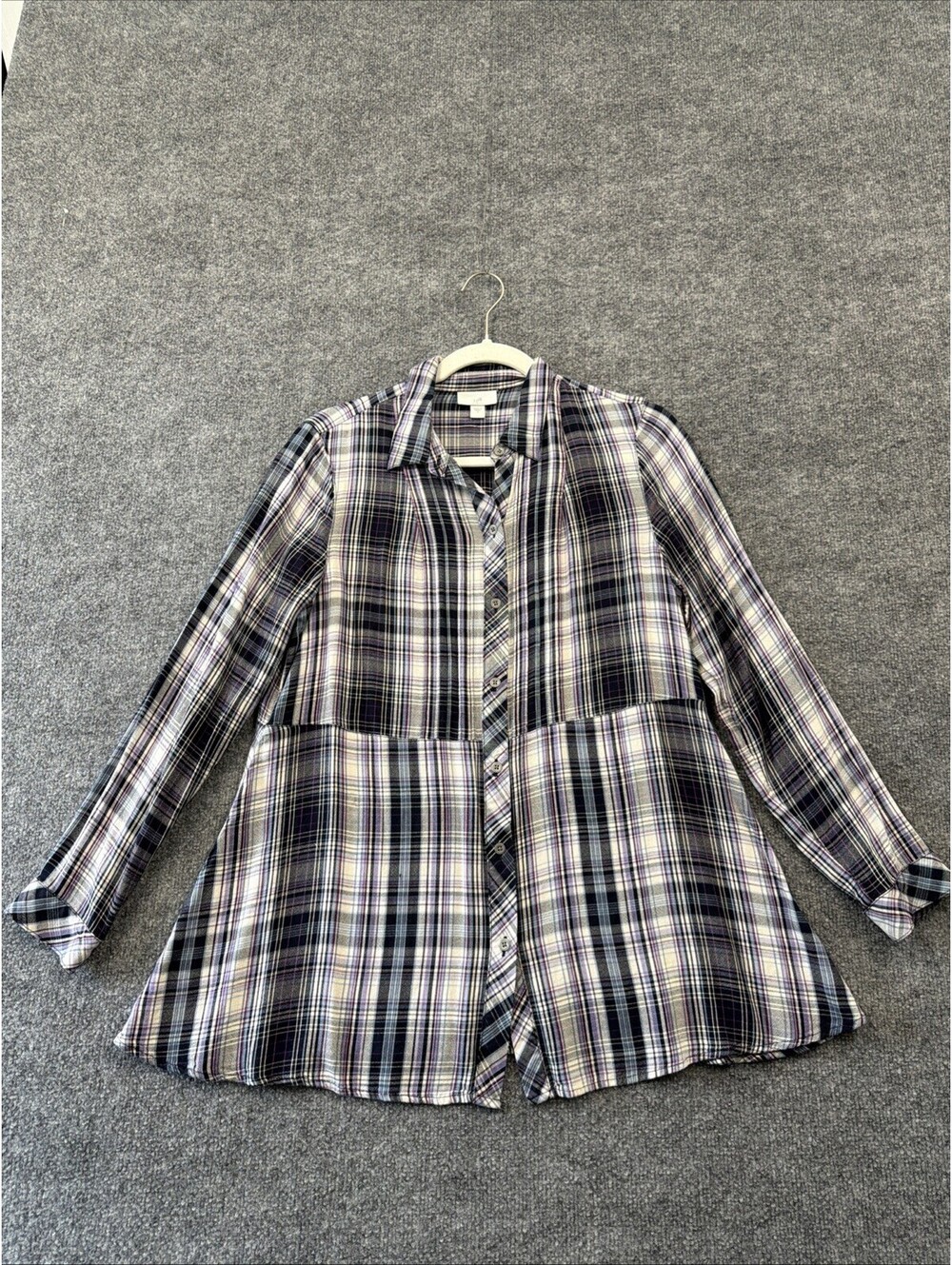 J. Jill Size Small Purple Plaid Cotton Tunic Long Sleeve Blouse